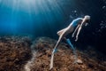 Woman freediver relaxing underwater in blue sea. Freediving with beautiful girl in transparent ocean and sun rays