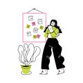 Woman on Freelance Standing at Kanban Board Thinking Vector Illustration