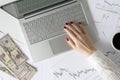 Woman freelancer with banknotes fifty U.S. dollars and credit card. counting profit, income. laptop, graphics and charts printed