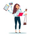 Woman freelancer does several things at once time. Royalty Free Stock Photo