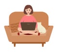 Woman freelancer with a laptop sitting on a sofa