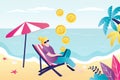 Woman freelancer sitting on beach in sun lounger and working remotely. Female character makes money online. Financial freedom,