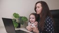 A woman freelancer with a small child in her arms is talking through a laptop monitor screen, work in a mother& x27;s home Royalty Free Stock Photo