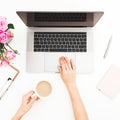 Woman freelancer using laptop and hold coffee mug. Female hands, laptop, pink roses bouquet, coffee mug and diary on white table.