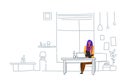 Woman freelancer using laptop sitting workplace girl working process concept modern office or living room interior