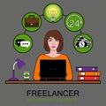 Woman freelancer at work. Vector illustration of set infographic concept.