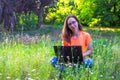 Woman freelancer working on laptop outdoors, remote work. Royalty Free Stock Photo