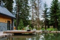 Woman, freelancer working on laptop, sitting on a pier by the backyard lake, a concept of remote office, work during Royalty Free Stock Photo