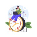 Woman or freelancer works full time, vector image.