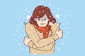 Woman freezes standing under snow in cold winter weather, dressed in sweater and needs warm jacket