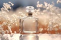 woman fragrance perfume cosmetic flower bottle glass aroma white scent smell. Generative AI.