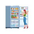 Woman at fridge. Female character looking in open refrigerator with products water, milk, fruit and vegetable, meat for