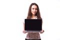 Woman with friendly happy smile holding a laptop computer Royalty Free Stock Photo