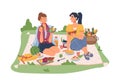 Woman friends resting on picnic. Fruits and drinks