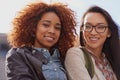 Woman, friends and university student in smile with backpack on campus for education, teaching and learning. Portrait Royalty Free Stock Photo