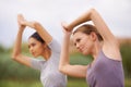 Woman, friends and yoga in nature for spiritual wellness, health or outdoor exercise. Face of female person or yogi Royalty Free Stock Photo