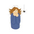 Woman frightened by spider, girl suffering from arachnophobia, human fear concept. Vector Illustration Royalty Free Stock Photo