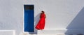 Woman in front of church in Santorini