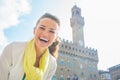 Woman in front of palazzo vecchio in florence Royalty Free Stock Photo