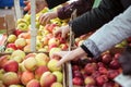 woman in the fruit market with apple in hand. fruits and vegetables. a lot of fruits. market. store. healthy food.