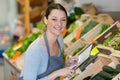 Woman fruit seller offers in shop