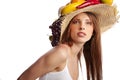 woman with fruits headwear. Royalty Free Stock Photo