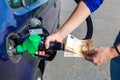 Woman fueling car tank and holding euro money