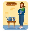 Woman full length with flower pot next to the table with watering can and gardening tools flat illustration