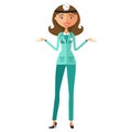 Woman funny cartoon scientist doctor presenting flat cartoon vector illustration Royalty Free Stock Photo