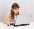 Woman funny emotionally looking in laptop screen