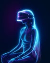 woman in futuristic fuchsia and blue colors sitting in the vr helmet and glowing