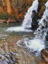 Woman in Gandarela 27 laps Waterfall, Honorio Bicalho, Rio Acima, Minas Gerais, Brazil. Royalty Free Stock Photo