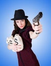 Woman gangster with handgun on white Royalty Free Stock Photo