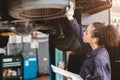 Woman garage worker maintenance checklist at automobile service center, Female in auto mechanic car technician work service check