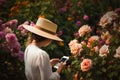 Woman garden flowers phone. Generate Ai