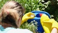 Woman gardener adding fertilizer for plants to watering can