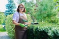 Woman gardener in apron trims decorative bushes with garden scissors