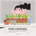 Woman gardener on balcony or window growing plants or vegetables in flowerpots. Urban apartment gardening or indoor vegitables