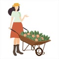 Woman gardener with a cart and flowers. Female character in a garden growing plants