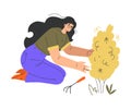 Woman Gardener Character Sitting with Rake Near Bush Vector Illustration