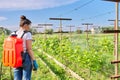 Woman gardener farmer with backpack pressure sprayer sprays vineyard in spring season