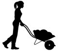 A woman gardener or farmer silhouette drives a garden wheelbarrow filled with soil for planting in the garden