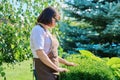 Woman gardener landscape worker, in an apron near ornamental plants