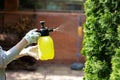 Woman gardener spraying plants in the home garden