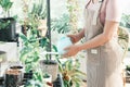 Young woman plant owner shop watering plants in a plant shop. Royalty Free Stock Photo