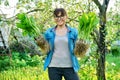 Woman in gardening gloves holding bush of hosta plant with roots for dividing planting Royalty Free Stock Photo