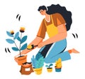 Woman gardening growing plants in pots from seed