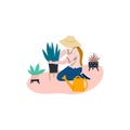 Woman is gardening at home. Girl with watering can, houseplant sansevieria, aloe etc. Urban jungle flat cartoon Royalty Free Stock Photo