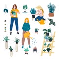 Woman is gardening at home. Girl with watering can, houseplant sansevieria, aloe etc. Urban jungle flat cartoon Royalty Free Stock Photo