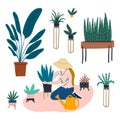 Woman is gardening at home. Girl with watering can, houseplant sansevieria, aloe etc. Urban jungle flat cartoon Royalty Free Stock Photo